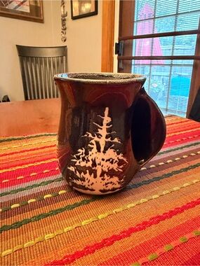 Tag Black Ceramic hand warmer Mug with White Tree Design -